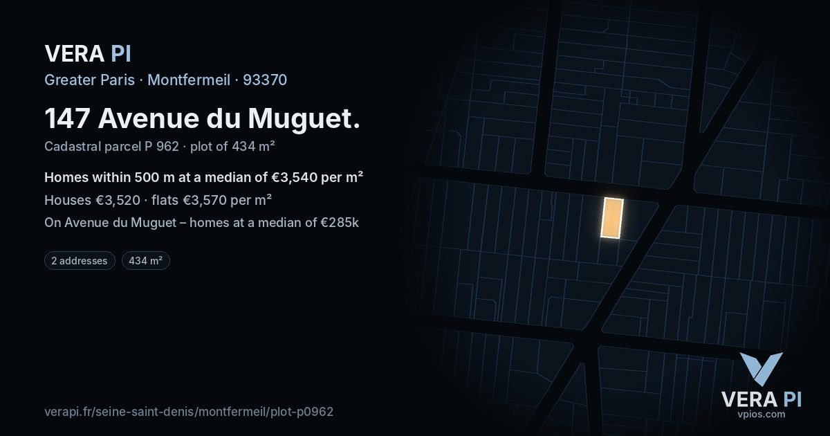 147 Avenue du Muguet, Montfermeil at night – the plot lit, the parcels around coloured by the prices near them