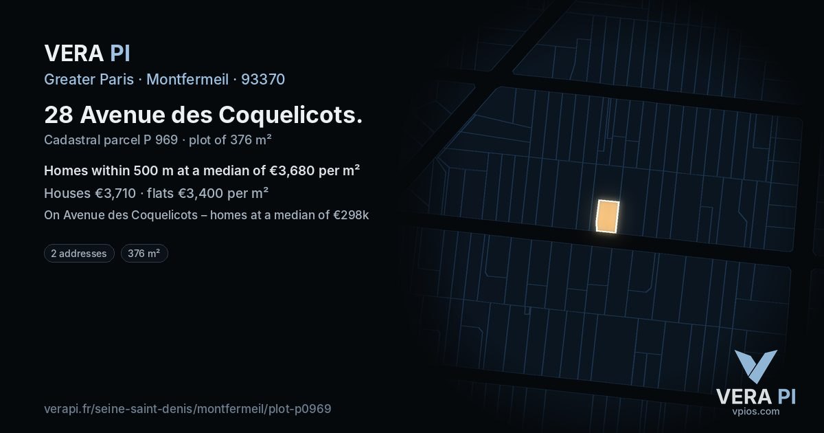 28 Avenue des Coquelicots, Montfermeil at night – the plot lit, the parcels around coloured by the prices near them