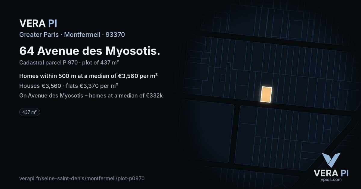 64 Avenue des Myosotis, Montfermeil at night – the plot lit, the parcels around coloured by the prices near them