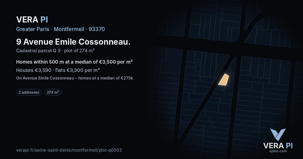9 Avenue Emile Cossonneau, Montfermeil at night – the plot lit, the parcels around coloured by the prices near them
