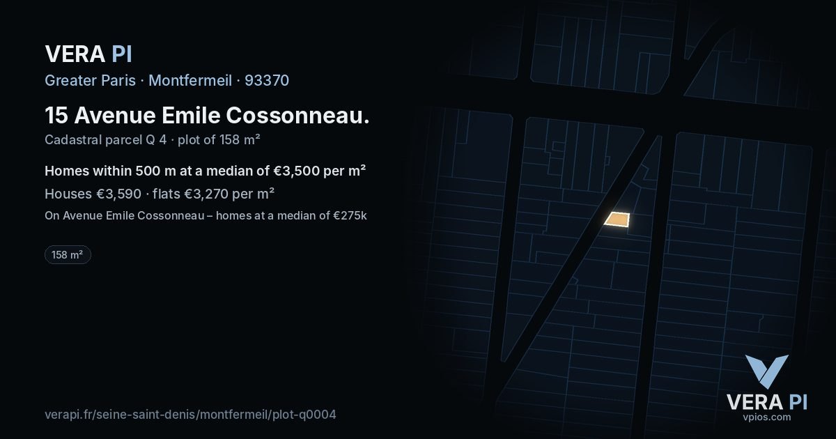 15 Avenue Emile Cossonneau, Montfermeil at night – the plot lit, the parcels around coloured by the prices near them
