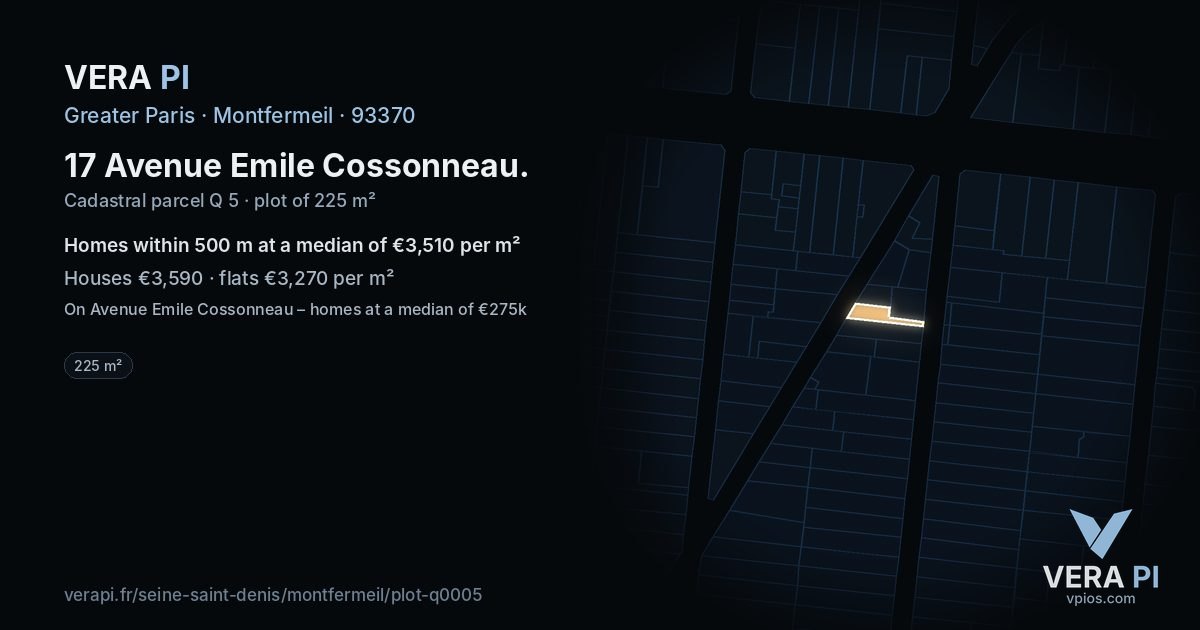 17 Avenue Emile Cossonneau, Montfermeil at night – the plot lit, the parcels around coloured by the prices near them