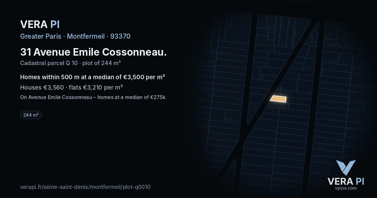 31 Avenue Emile Cossonneau, Montfermeil at night – the plot lit, the parcels around coloured by the prices near them