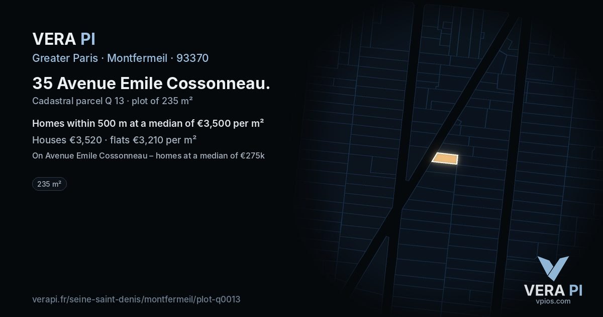 35 Avenue Emile Cossonneau, Montfermeil at night – the plot lit, the parcels around coloured by the prices near them