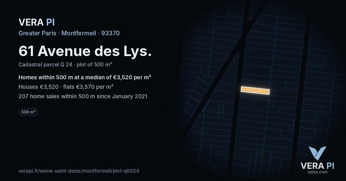 61 Avenue des Lys, Montfermeil at night – the plot lit, the parcels around coloured by the prices near them