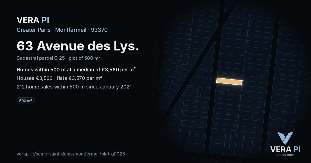 63 Avenue des Lys, Montfermeil at night – the plot lit, the parcels around coloured by the prices near them