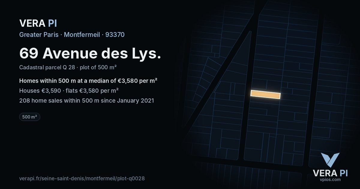 69 Avenue des Lys, Montfermeil at night – the plot lit, the parcels around coloured by the prices near them