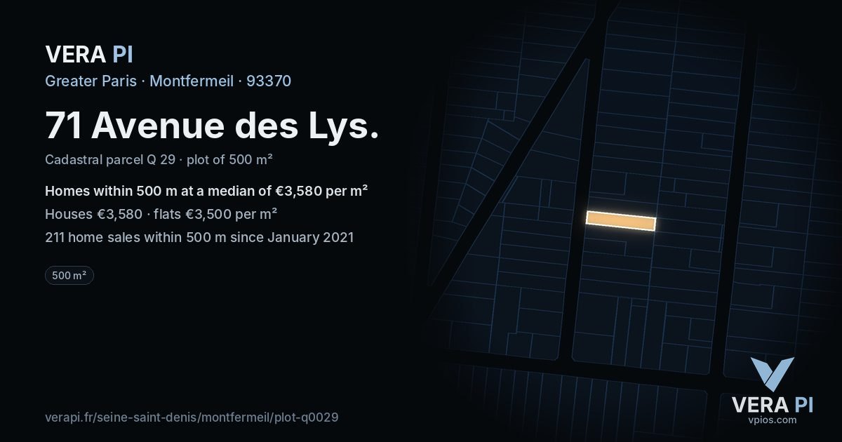 71 Avenue des Lys, Montfermeil at night – the plot lit, the parcels around coloured by the prices near them