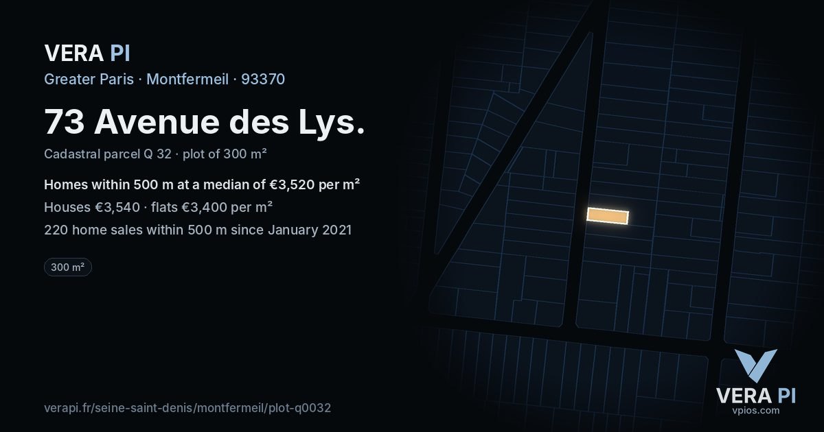 73 Avenue des Lys, Montfermeil at night – the plot lit, the parcels around coloured by the prices near them
