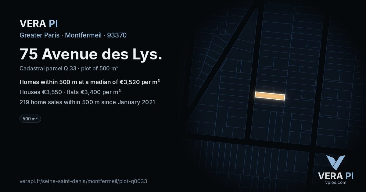75 Avenue des Lys, Montfermeil at night – the plot lit, the parcels around coloured by the prices near them