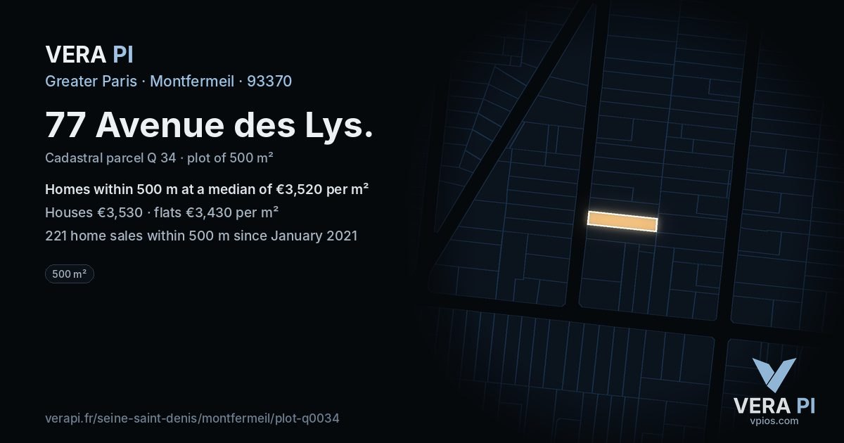 77 Avenue des Lys, Montfermeil at night – the plot lit, the parcels around coloured by the prices near them