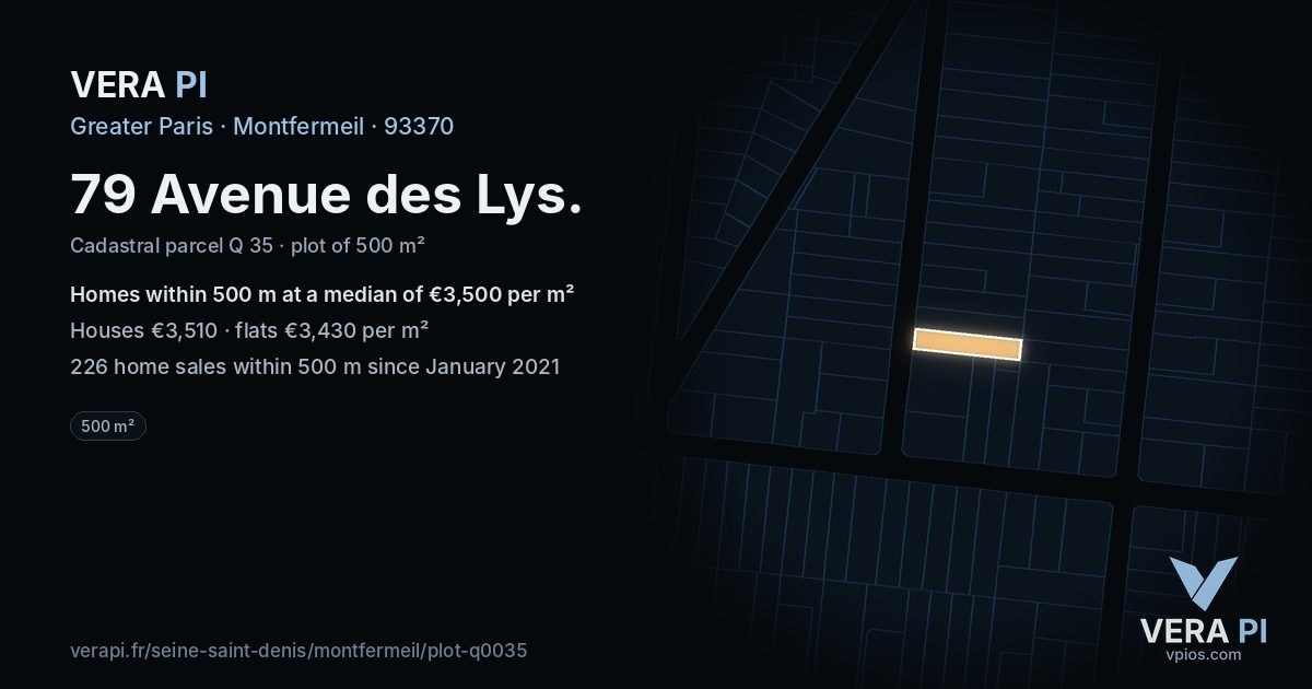 79 Avenue des Lys, Montfermeil at night – the plot lit, the parcels around coloured by the prices near them