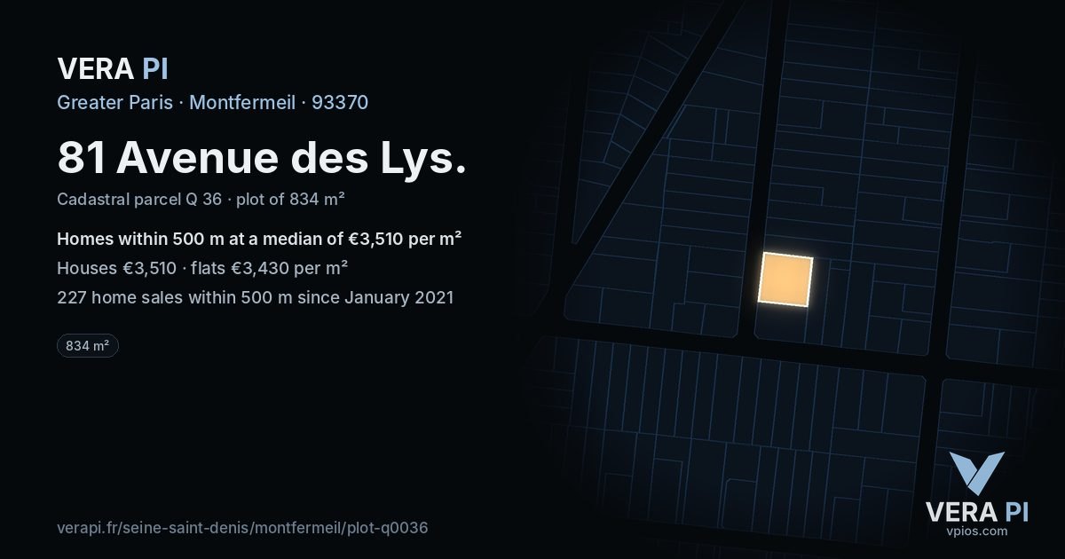 81 Avenue des Lys, Montfermeil at night – the plot lit, the parcels around coloured by the prices near them