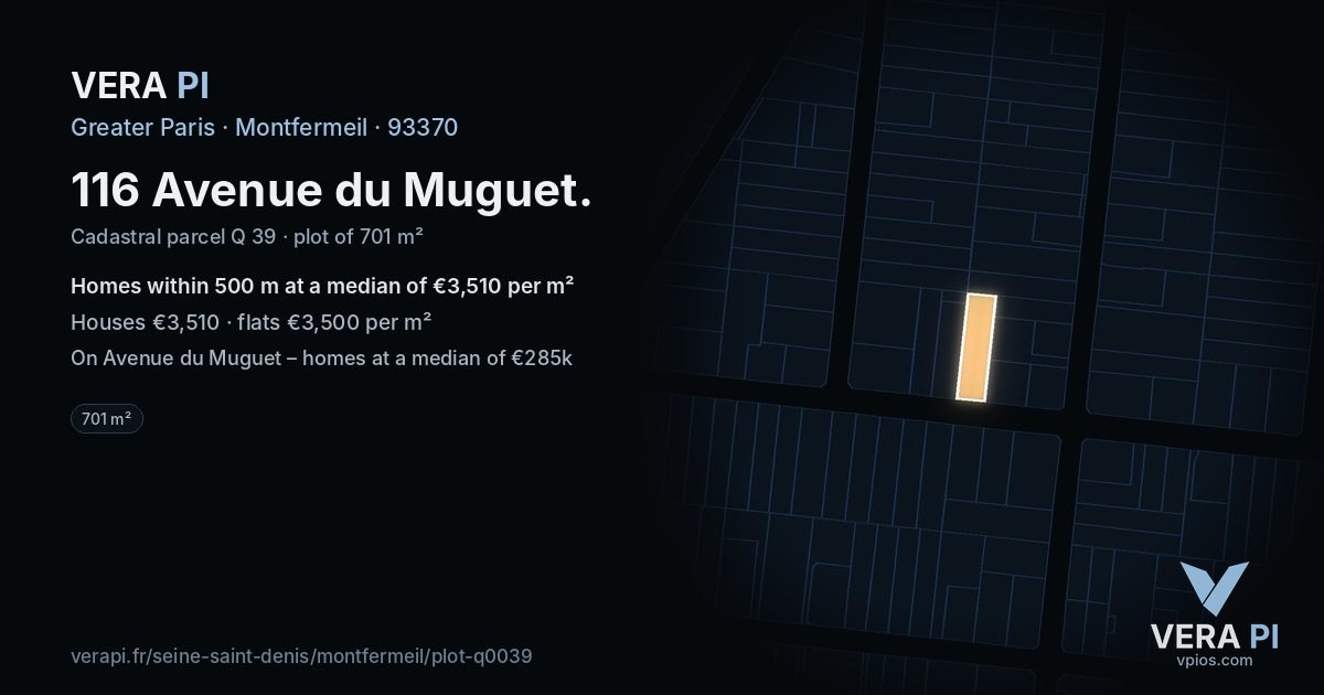 116 Avenue du Muguet, Montfermeil at night – the plot lit, the parcels around coloured by the prices near them