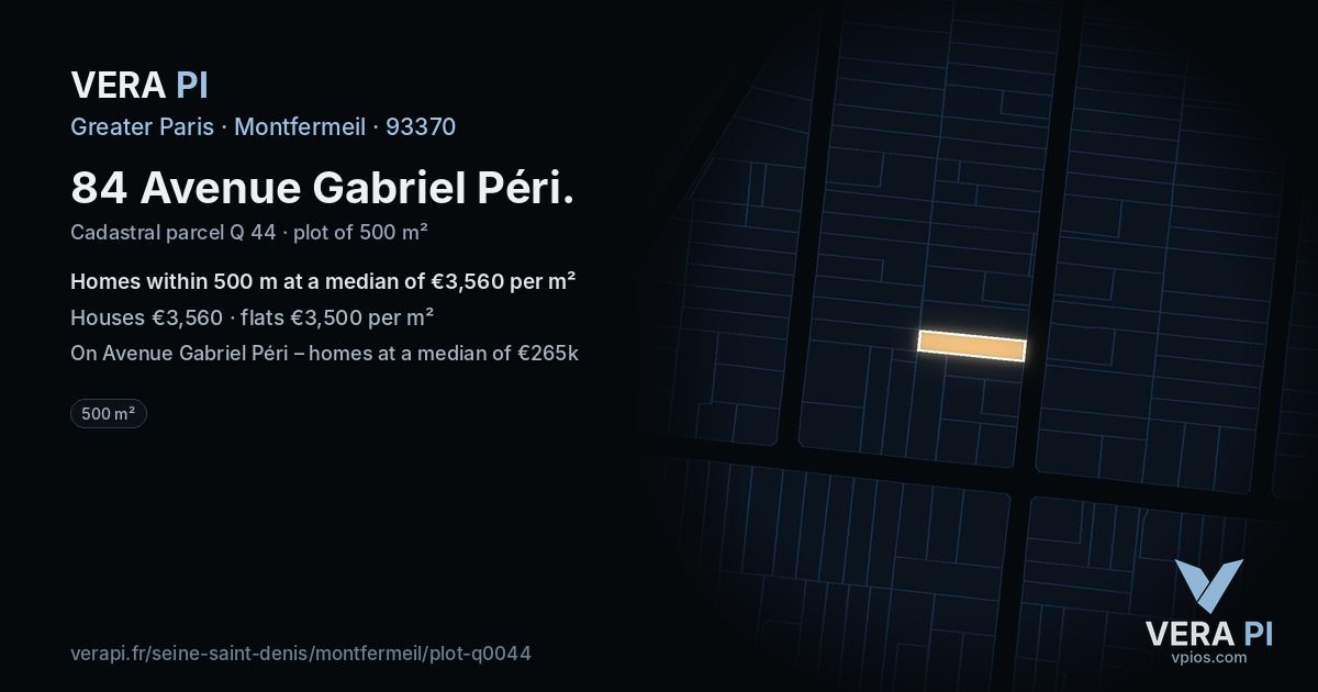 84 Avenue Gabriel Péri, Montfermeil at night – the plot lit, the parcels around coloured by the prices near them