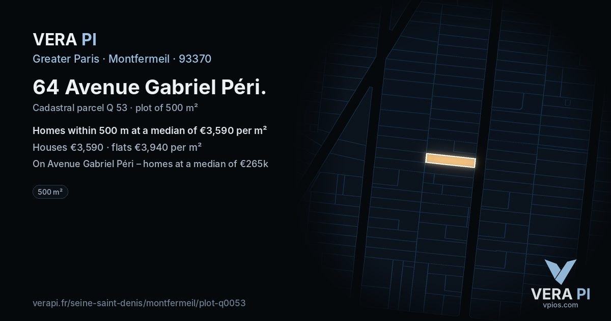 64 Avenue Gabriel Péri, Montfermeil at night – the plot lit, the parcels around coloured by the prices near them