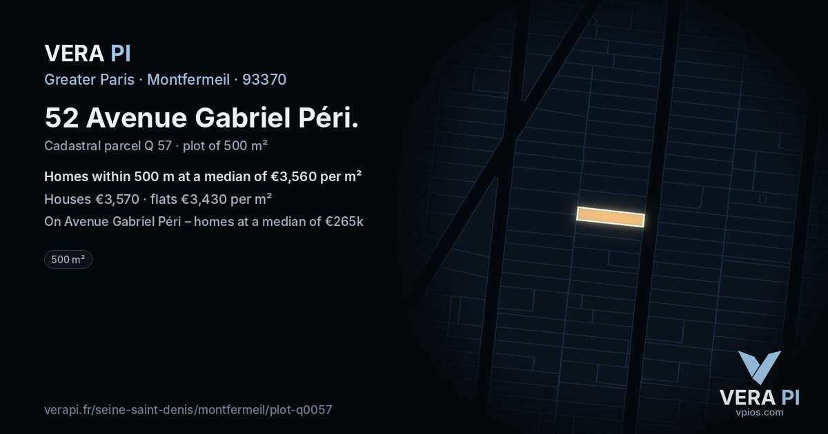 52 Avenue Gabriel Péri, Montfermeil at night – the plot lit, the parcels around coloured by the prices near them