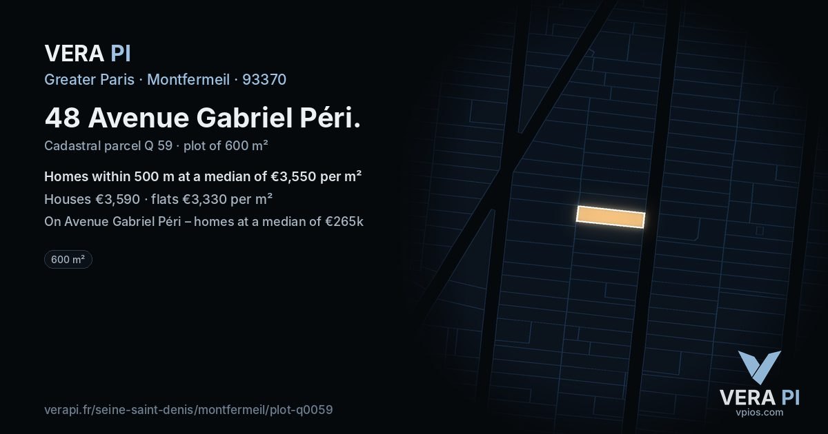48 Avenue Gabriel Péri, Montfermeil at night – the plot lit, the parcels around coloured by the prices near them
