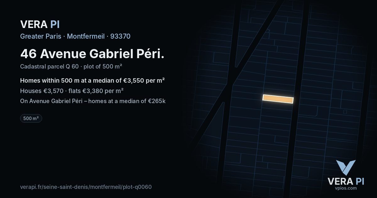 46 Avenue Gabriel Péri, Montfermeil at night – the plot lit, the parcels around coloured by the prices near them