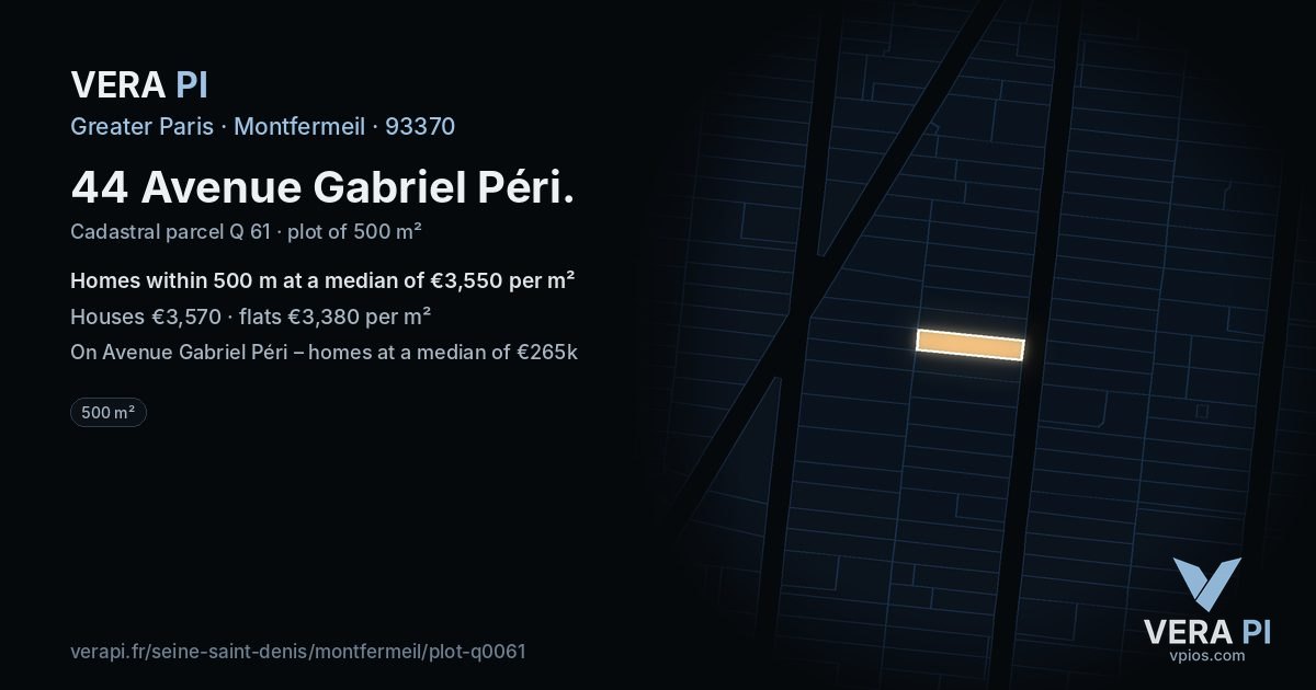 44 Avenue Gabriel Péri, Montfermeil at night – the plot lit, the parcels around coloured by the prices near them