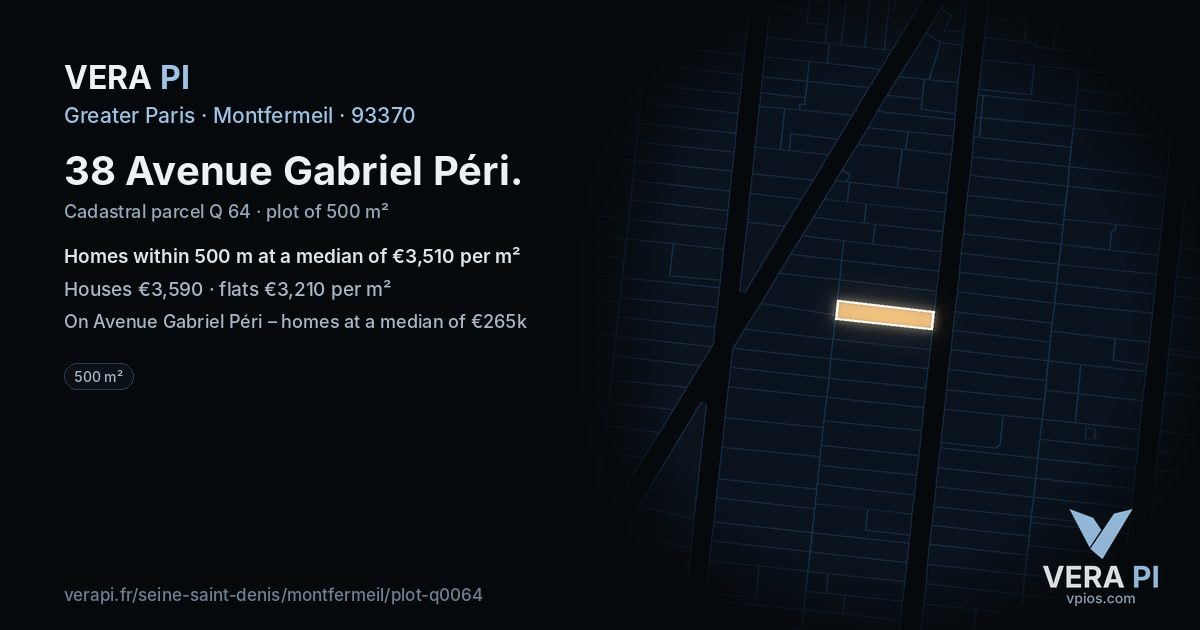 38 Avenue Gabriel Péri, Montfermeil at night – the plot lit, the parcels around coloured by the prices near them