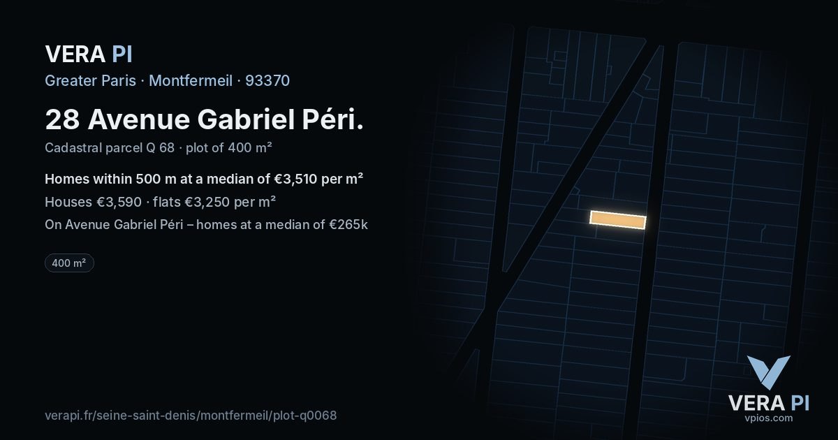 28 Avenue Gabriel Péri, Montfermeil at night – the plot lit, the parcels around coloured by the prices near them