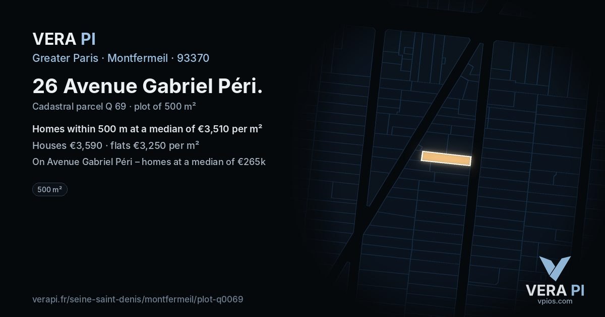 26 Avenue Gabriel Péri, Montfermeil at night – the plot lit, the parcels around coloured by the prices near them