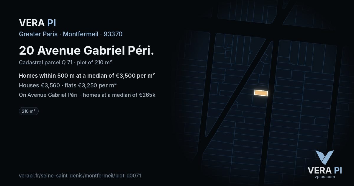20 Avenue Gabriel Péri, Montfermeil at night – the plot lit, the parcels around coloured by the prices near them