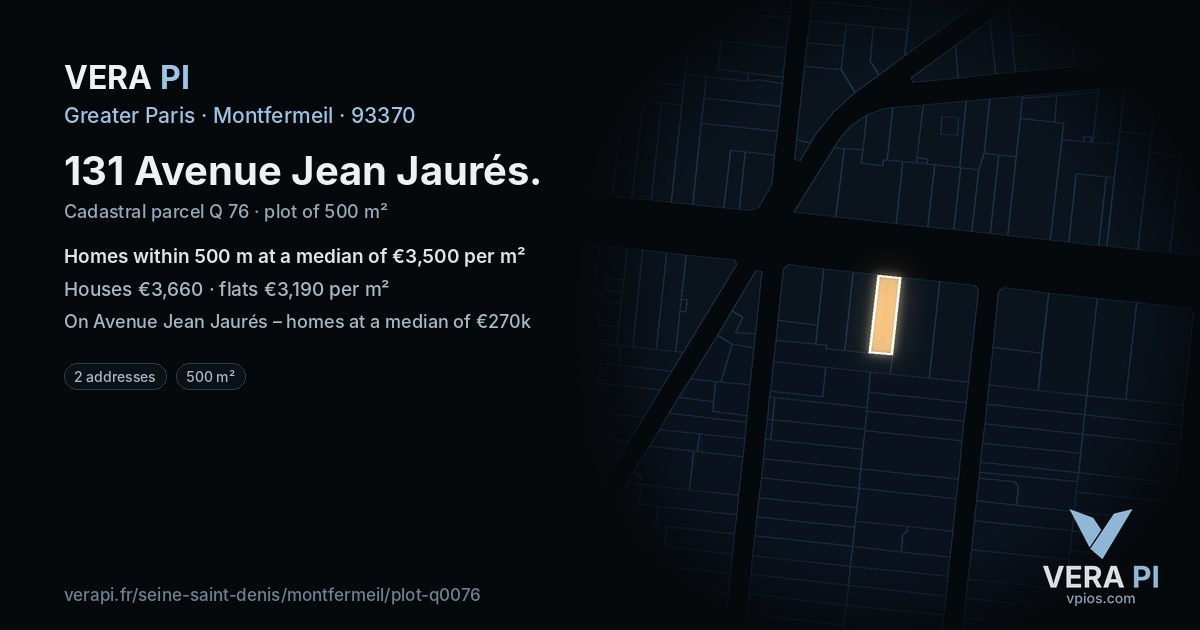 131 Avenue Jean Jaurés, Montfermeil at night – the plot lit, the parcels around coloured by the prices near them