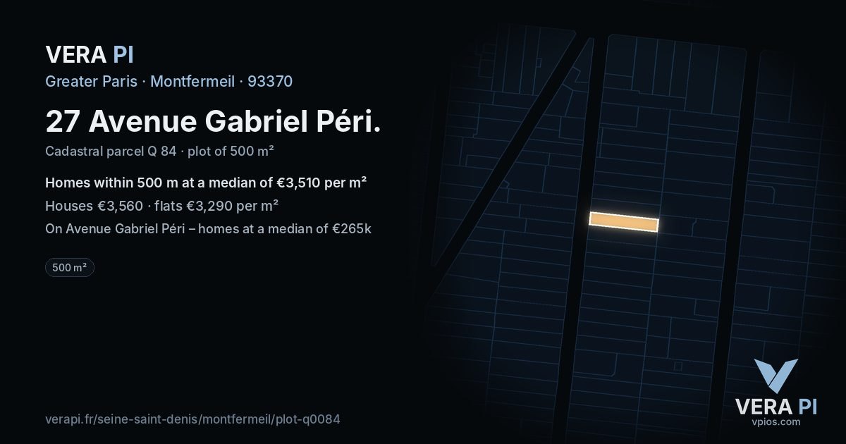 27 Avenue Gabriel Péri, Montfermeil at night – the plot lit, the parcels around coloured by the prices near them