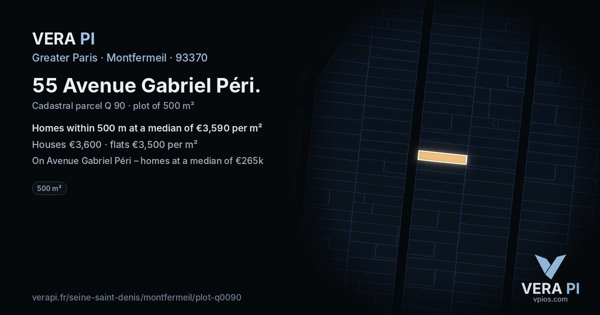 55 Avenue Gabriel Péri, Montfermeil at night – the plot lit, the parcels around coloured by the prices near them