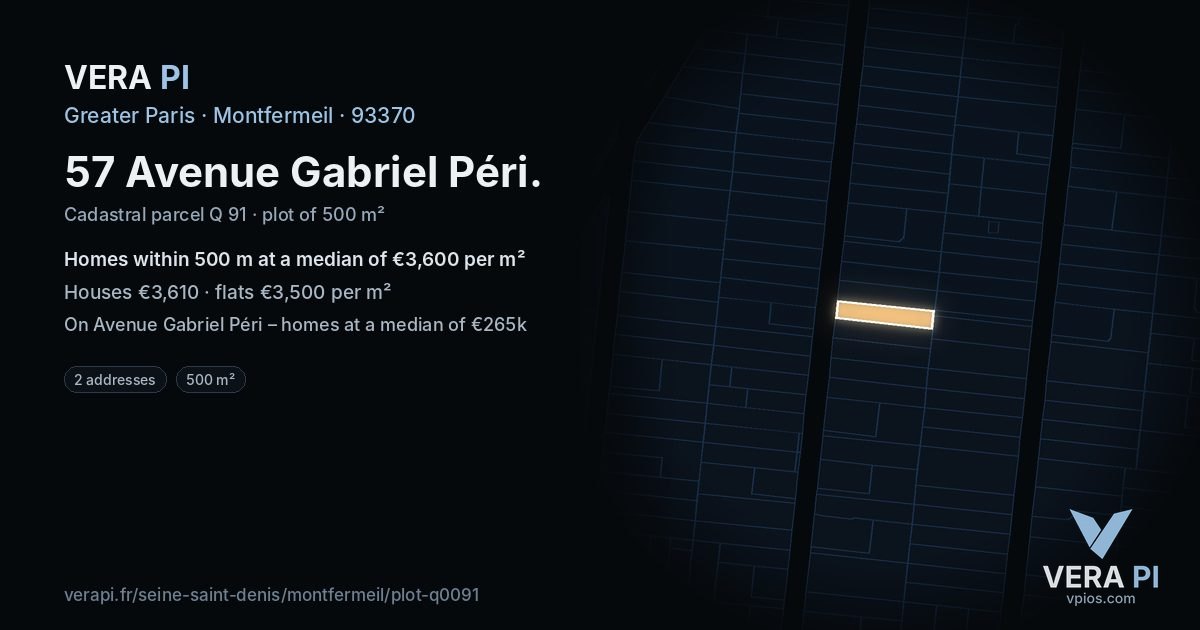 57 Avenue Gabriel Péri, Montfermeil at night – the plot lit, the parcels around coloured by the prices near them