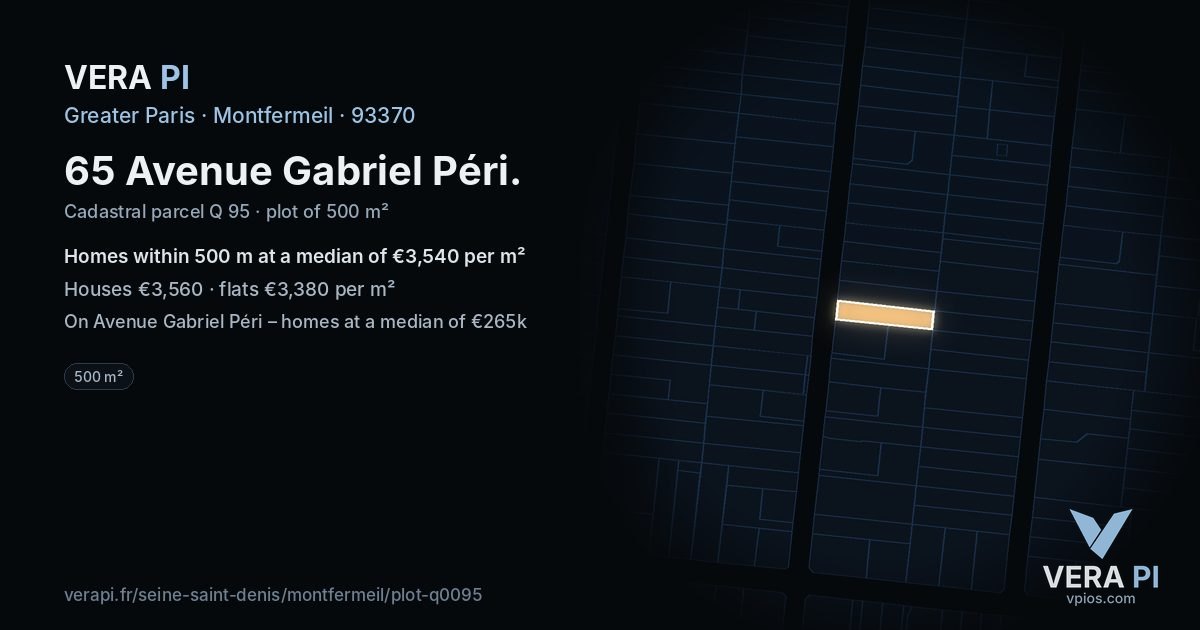65 Avenue Gabriel Péri, Montfermeil at night – the plot lit, the parcels around coloured by the prices near them