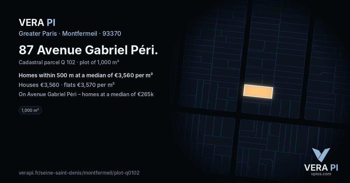 87 Avenue Gabriel Péri, Montfermeil at night – the plot lit, the parcels around coloured by the prices near them