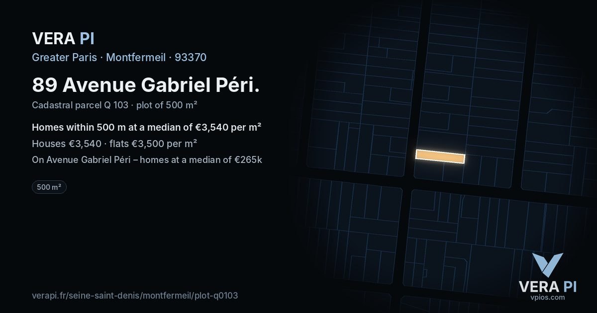 89 Avenue Gabriel Péri, Montfermeil at night – the plot lit, the parcels around coloured by the prices near them