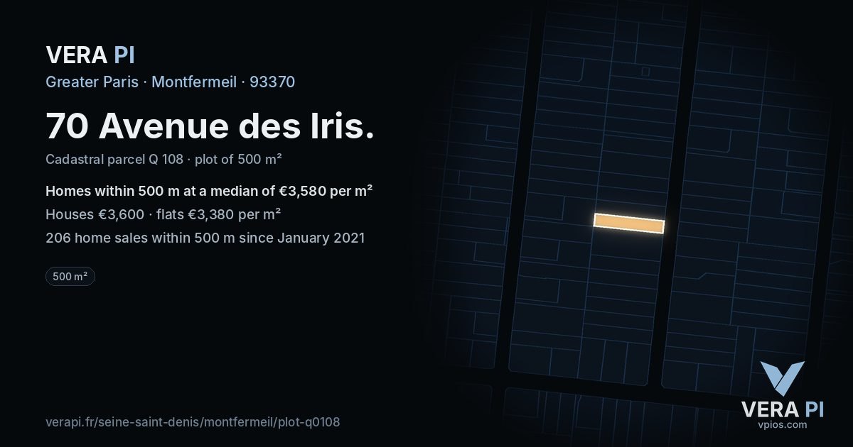 70 Avenue des Iris, Montfermeil at night – the plot lit, the parcels around coloured by the prices near them