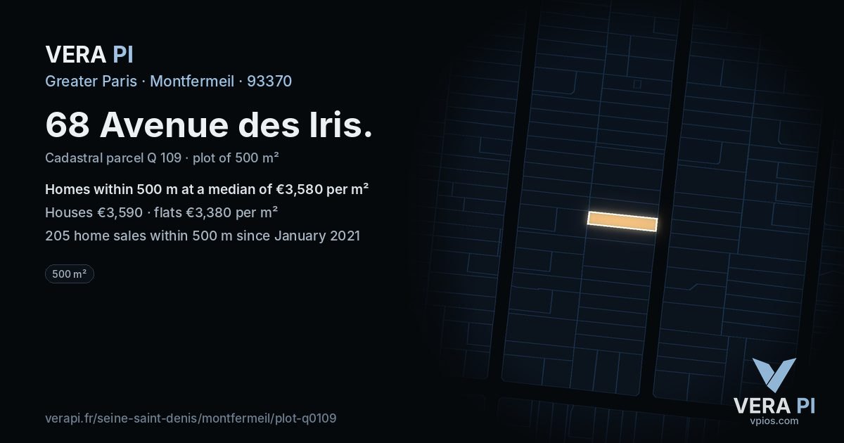 68 Avenue des Iris, Montfermeil at night – the plot lit, the parcels around coloured by the prices near them