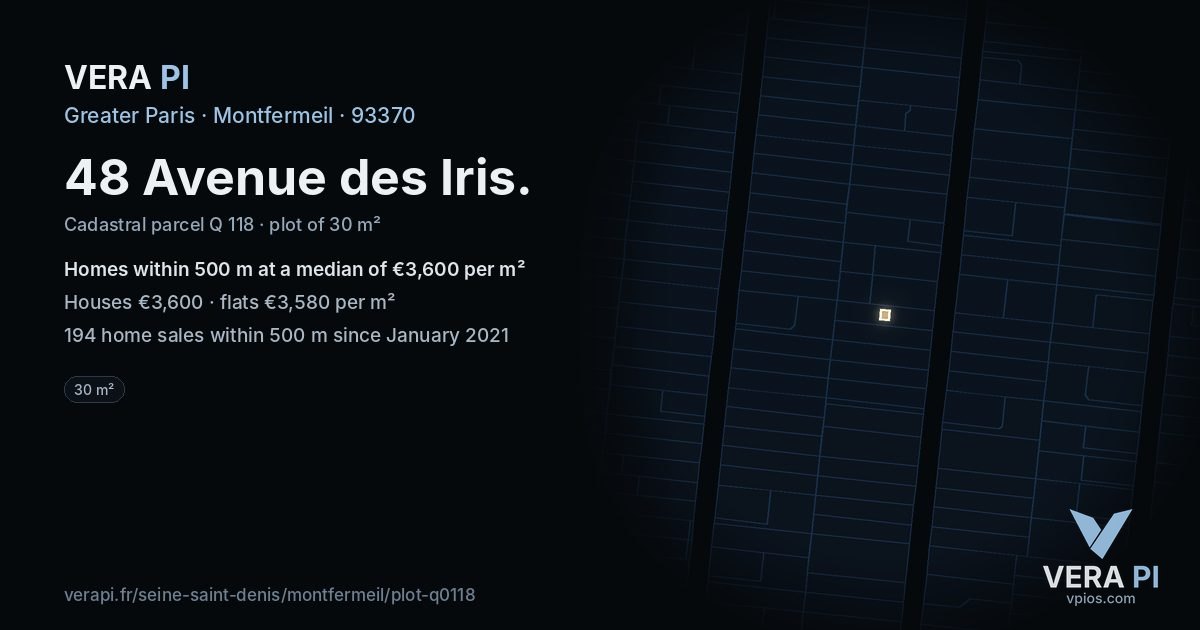 48 Avenue des Iris, Montfermeil at night – the plot lit, the parcels around coloured by the prices near them