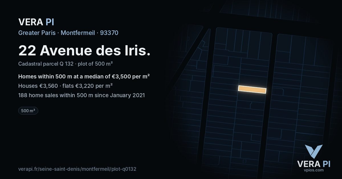 22 Avenue des Iris, Montfermeil at night – the plot lit, the parcels around coloured by the prices near them