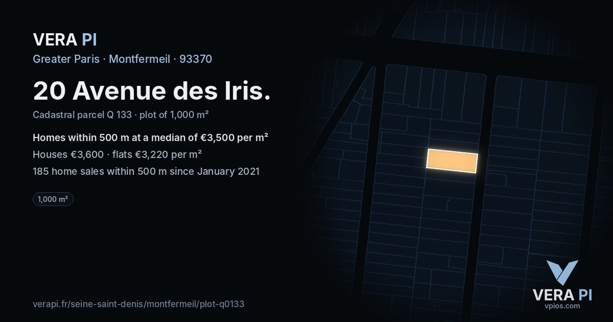 20 Avenue des Iris, Montfermeil at night – the plot lit, the parcels around coloured by the prices near them