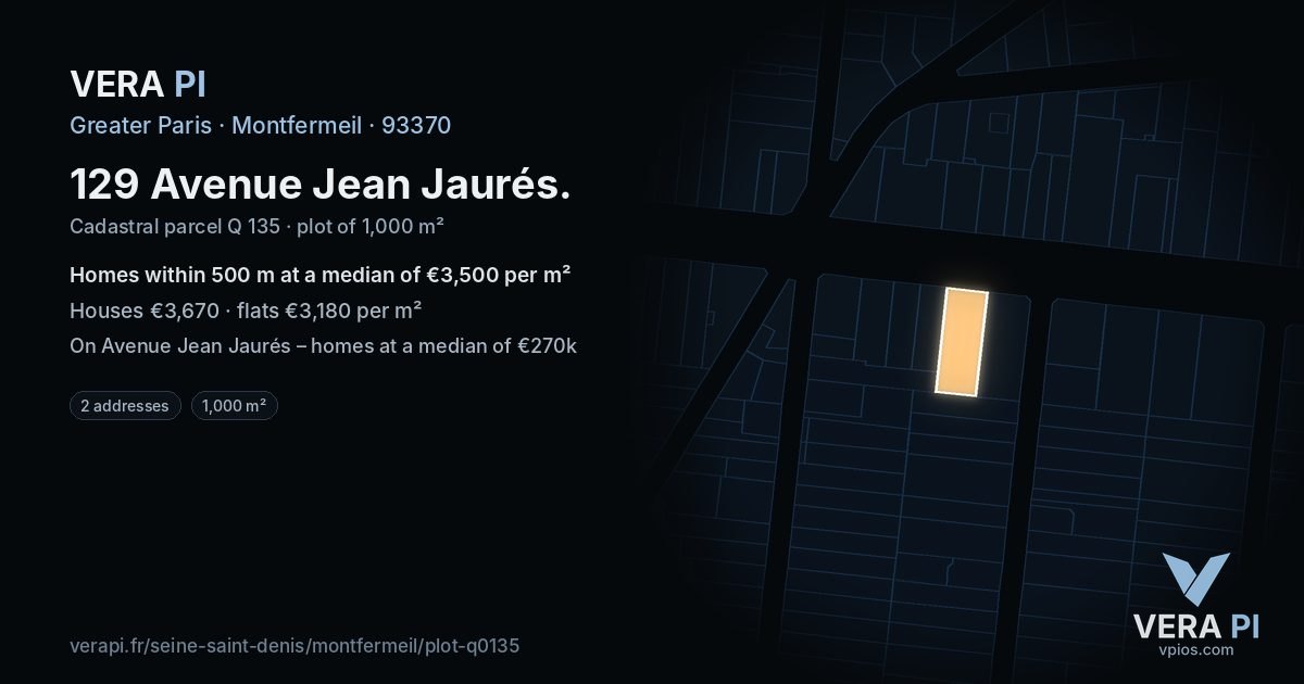 129 Avenue Jean Jaurés, Montfermeil at night – the plot lit, the parcels around coloured by the prices near them