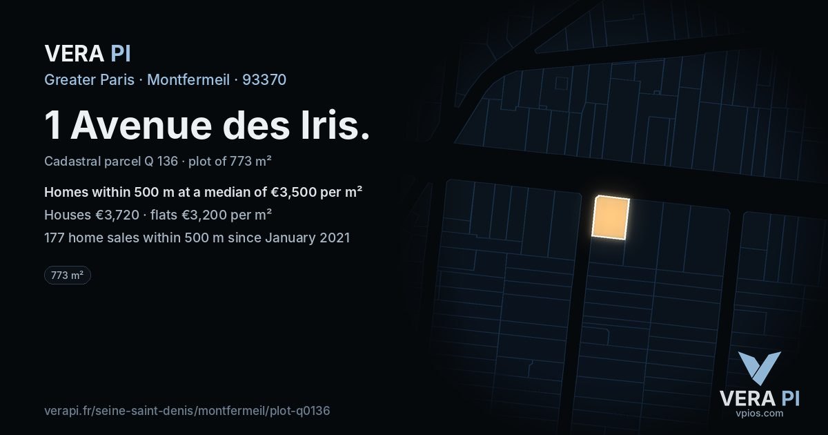 1 Avenue des Iris, Montfermeil at night – the plot lit, the parcels around coloured by the prices near them