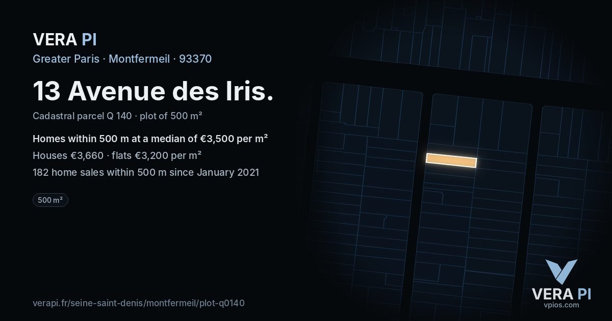13 Avenue des Iris, Montfermeil at night – the plot lit, the parcels around coloured by the prices near them