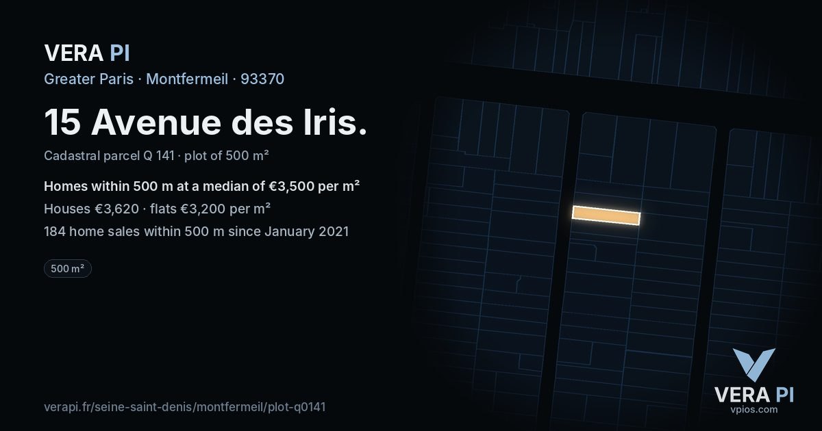 15 Avenue des Iris, Montfermeil at night – the plot lit, the parcels around coloured by the prices near them