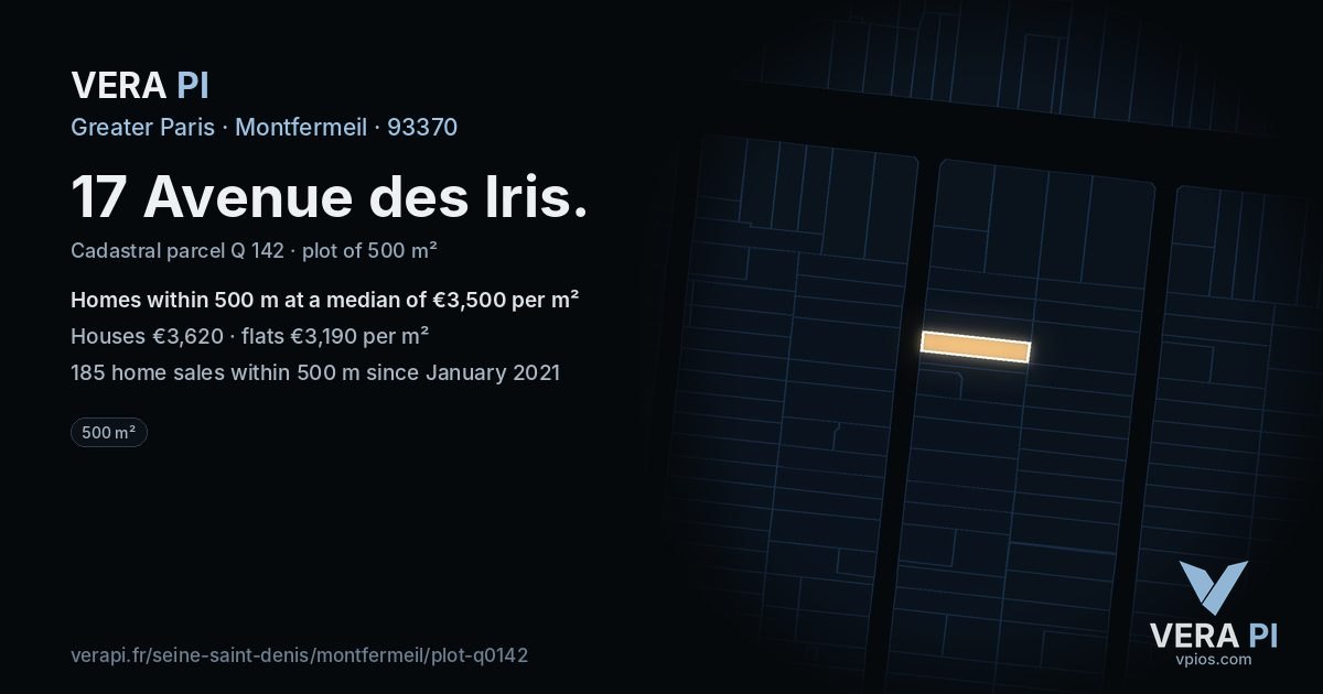 17 Avenue des Iris, Montfermeil at night – the plot lit, the parcels around coloured by the prices near them