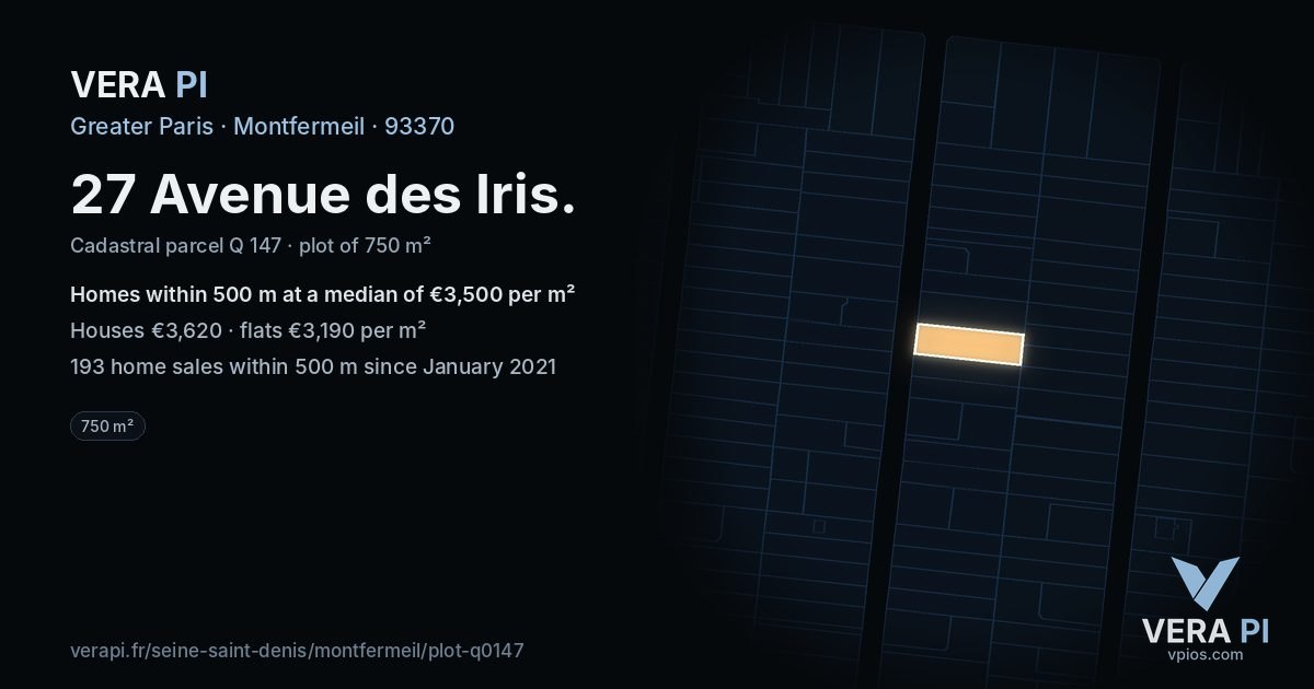 27 Avenue des Iris, Montfermeil at night – the plot lit, the parcels around coloured by the prices near them
