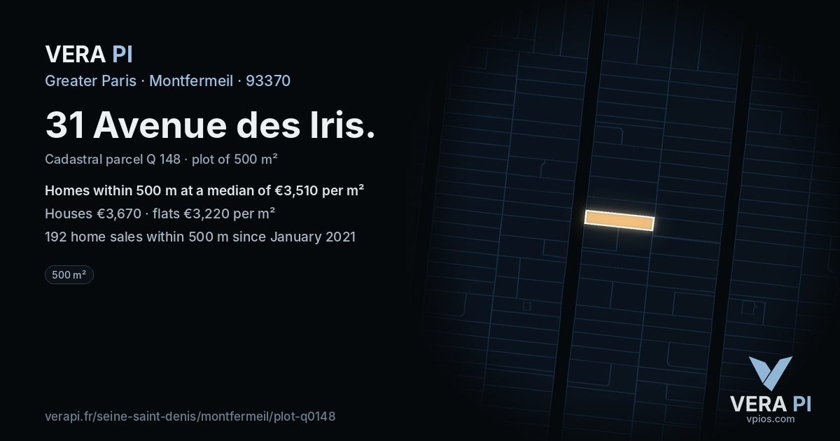 31 Avenue des Iris, Montfermeil at night – the plot lit, the parcels around coloured by the prices near them