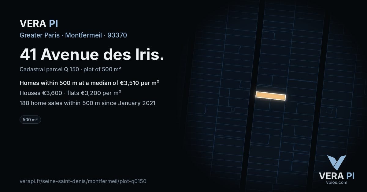 41 Avenue des Iris, Montfermeil at night – the plot lit, the parcels around coloured by the prices near them