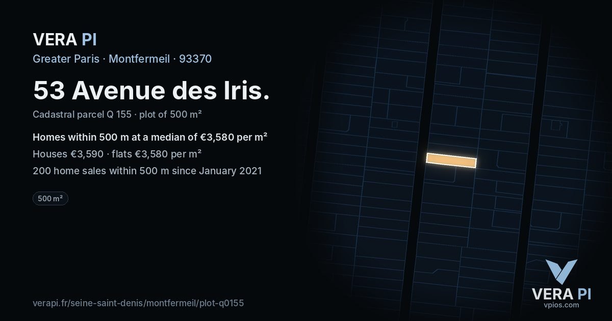 53 Avenue des Iris, Montfermeil at night – the plot lit, the parcels around coloured by the prices near them