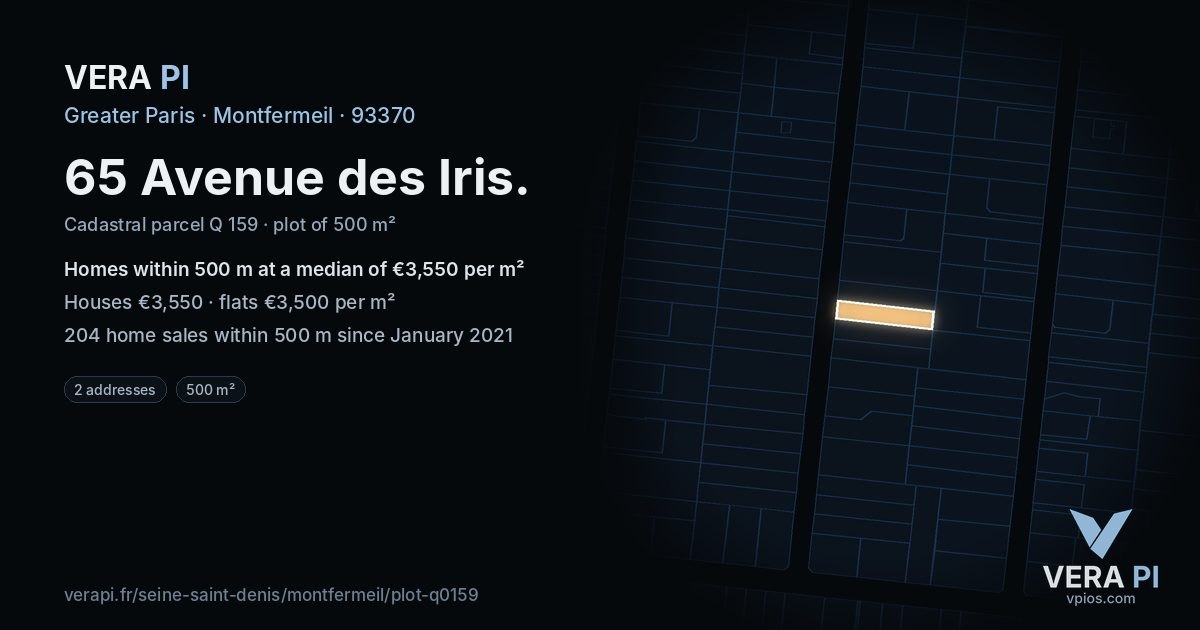 65 Avenue des Iris, Montfermeil at night – the plot lit, the parcels around coloured by the prices near them